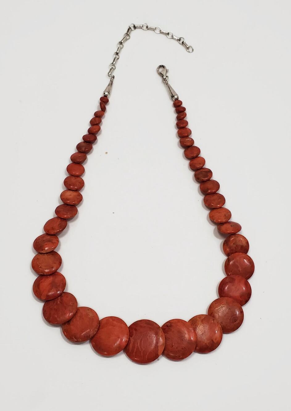 Vintage Orange Red Sponge Coral Disc Bead Sunburst Sterling Silver Necklace